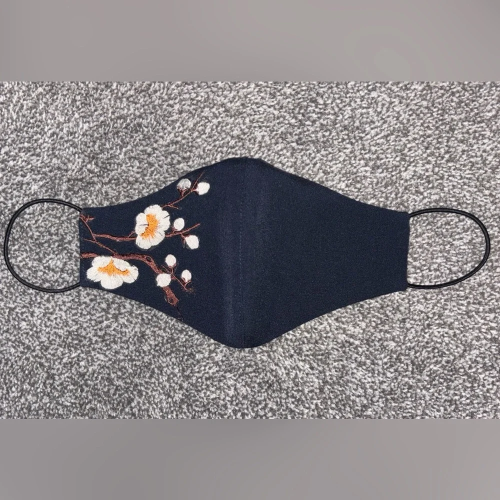 Reusable Polyester Floral Embroidered Face Covering | OS | Handmade | Navy |